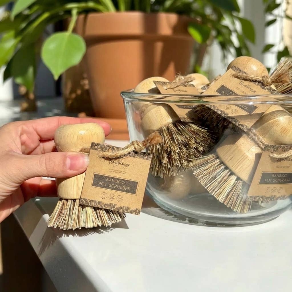 Bamboo Pot Scrubber with Sisal Bristles | Zero-Waste Kitchen Scrubber