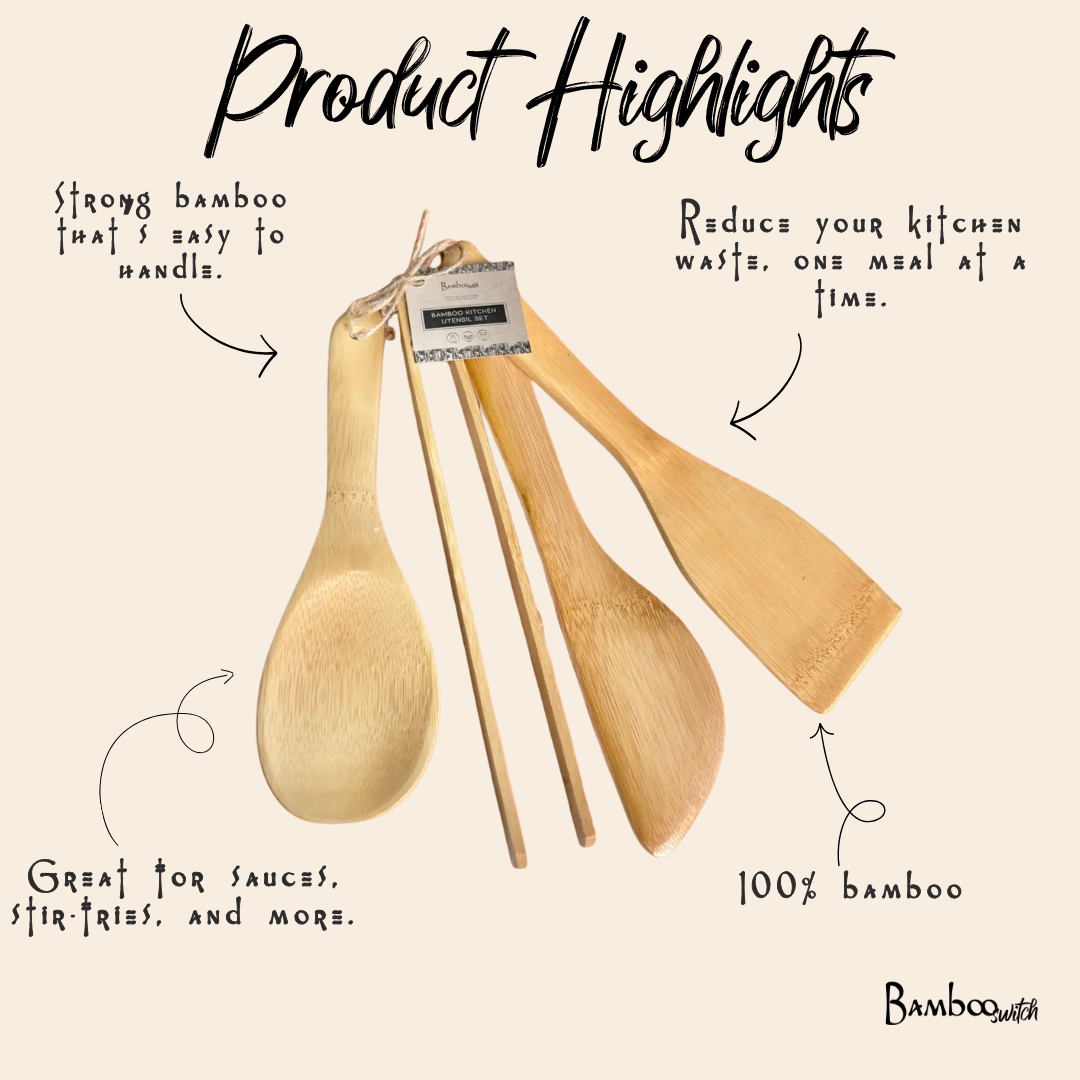 Bamboo Kitchen Utensil Set — 4 Piece with Tongs